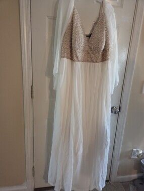 Plus Size Beaded Champagne and White Chiffon Formal Prom Maxi Dress